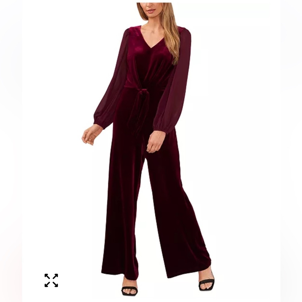 New CeCe size XS Women's Long-Sleeve Tie-Waist V-Neck Merlot velvet Jumpsuit